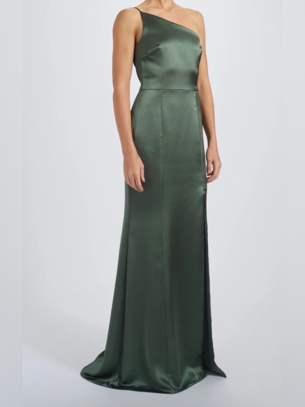 Amsale One Shoulder Satin Evening Gown in Forest Green